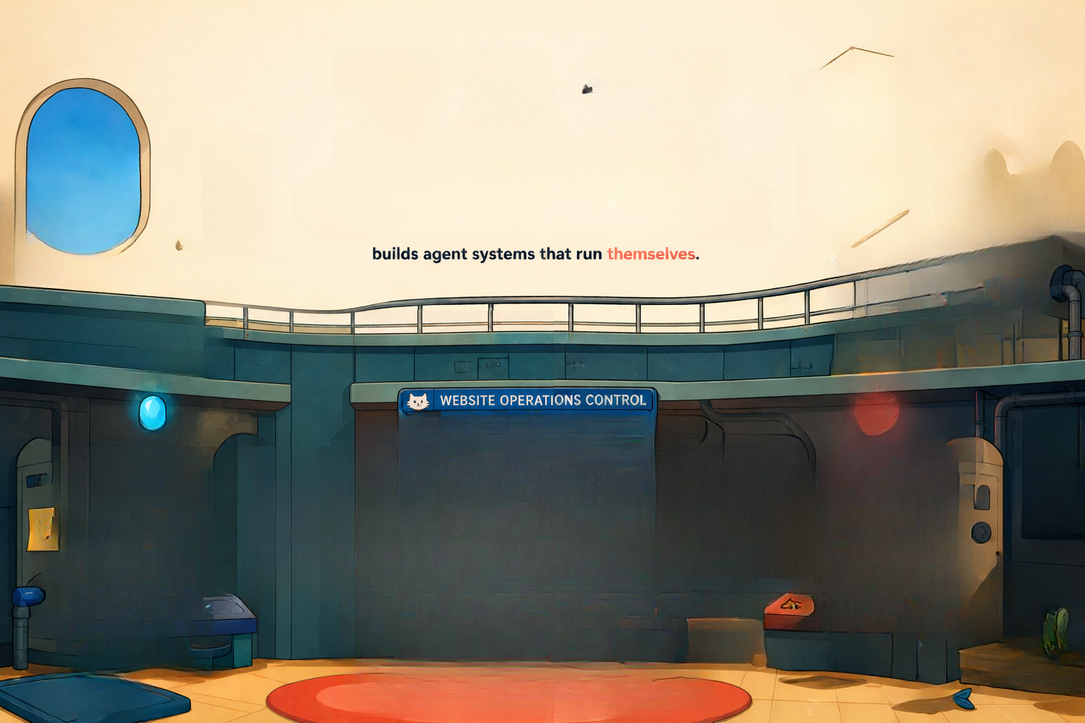 Layered illustrated mission-control room connected by a glass cat elevator
